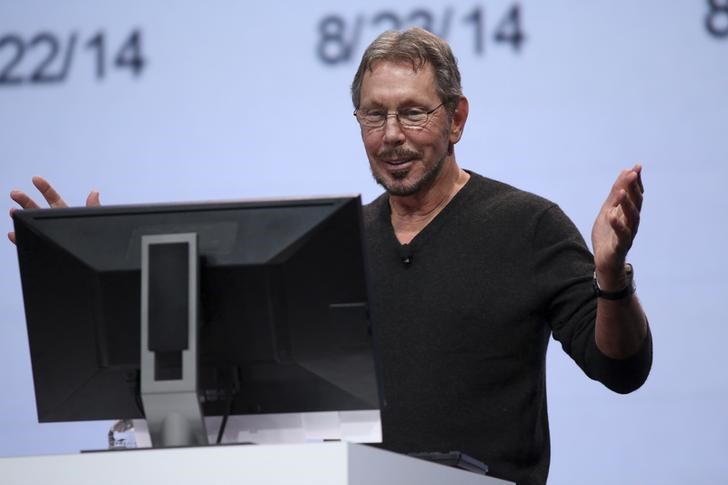 Oracle's Executive Chairman of the Board and Chief Technology Officer Larry Ellison gestures while giving a demonstration during his keynote address at Oracle OpenWorld in San Francisco